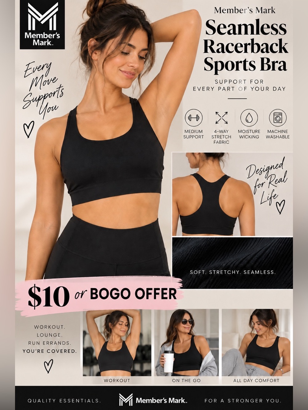 $10 or 🆓 BUY ONE GET ONE FREE 🆓 
Member's Mark Black Seamless Sports Bra